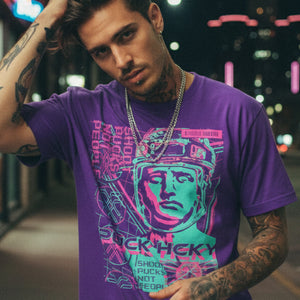 PUCK HCKY 'VAPORWAVE' short sleeve hockey t-shirt in purple on model