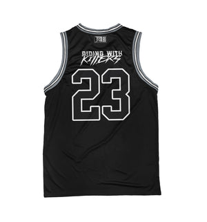 Riding With Killers 'Vulture' sleeveless basketball jersey in black, grey, and white back view