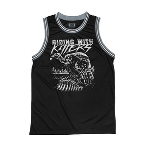 Riding With Killers 'Vulture' sleeveless basketball jersey in black, grey, and white front view