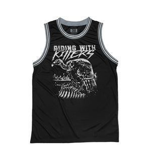 Riding With Killers 'Vulture' sleeveless basketball jersey in black, grey, and white front view