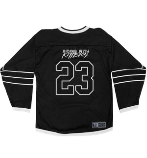 Riding With Killers 'Vulture' hockey jersey in black and white back view