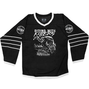 Riding With Killers 'Vulture' hockey jersey in black and white front view