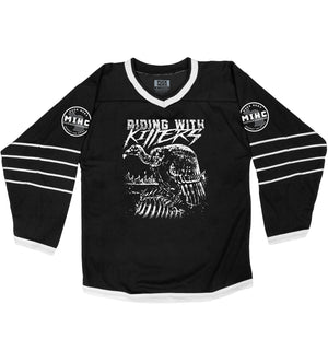 Riding With Killers 'Vulture' hockey jersey in black and white front view