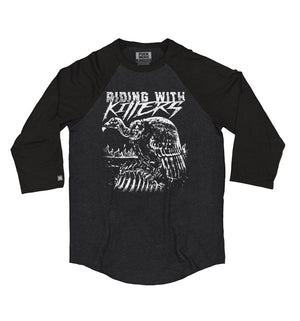 Riding With Killers 'Vulture' hockey raglan t-shirt in graphite heather with black sleeves