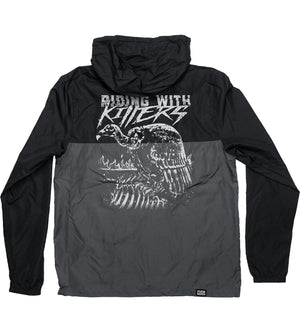 Riding With Killers 'Vulture' full zip hockey windbreaker in black and graphite back view