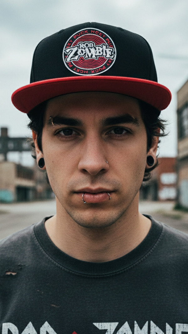 ROB ZOMBIE 'PUCK OF THE EARTH' snapback hockey cap in black with red brim front view on model