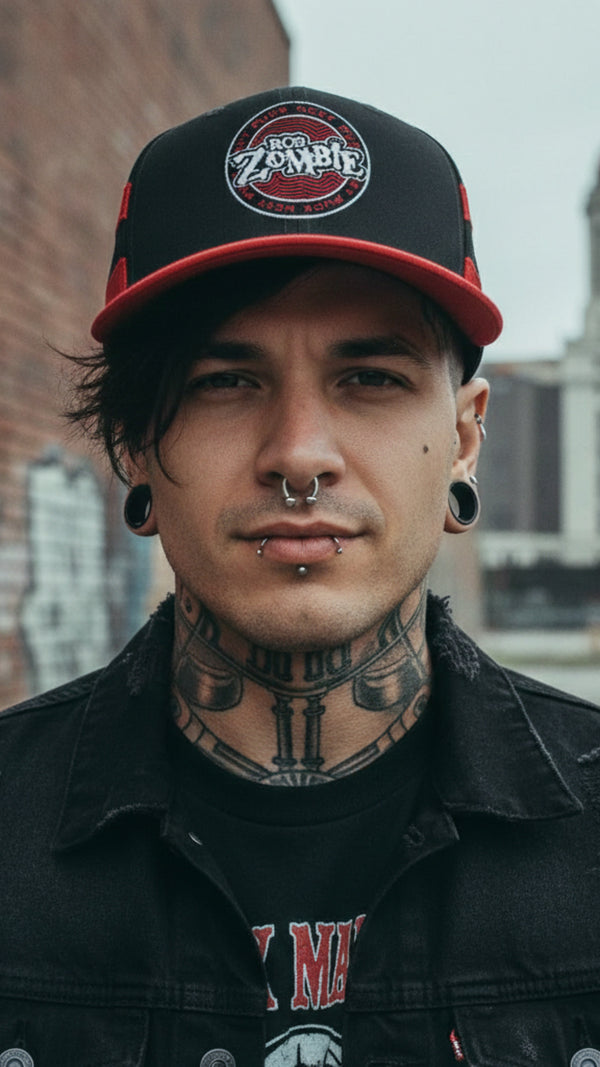 ROB ZOMBIE 'PUCK OF THE EARTH' stretch fit hockey cap in black with red brim and stripes front view on model