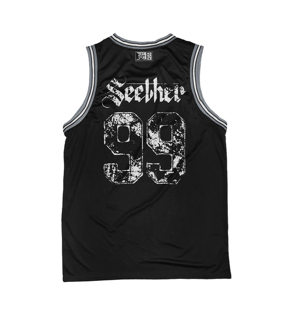 SEETHER 'THE S' sleeveless basketball jersey in black, grey, and white back view
