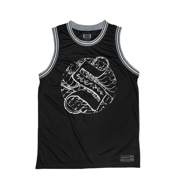 SEETHER 'THE S' sleeveless basketball jersey in black, grey, and white front view