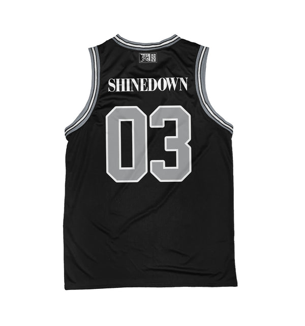 SHINEDOWN 'WHISPER' sleeveless basketball jersey in black, grey, and white back view