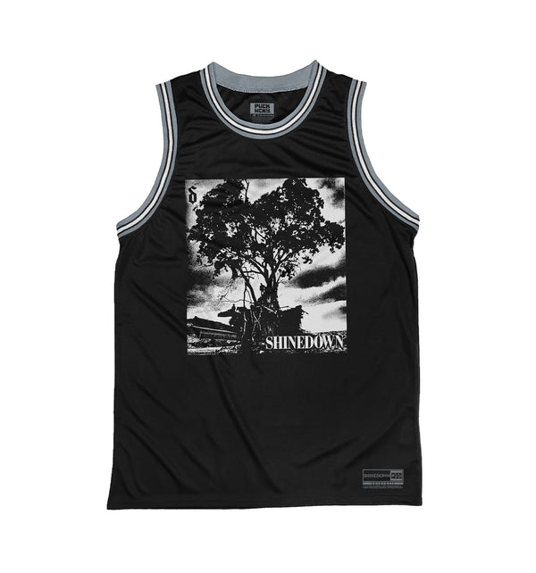 SHINEDOWN 'WHISPER' sleeveless basketball jersey in black, grey, and white front view