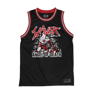 Slayer 'Angel of Death' basketball jersey in black, red, and white front view