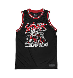 Slayer 'Angel of Death' basketball jersey in black, red, and white front view