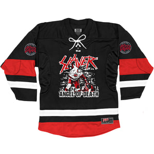 Slayer 'Angel of Death' hockey jersey in black, white, and red front view