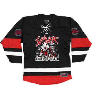 Slayer 'Angel of Death' hockey jersey in black, white, and red front view