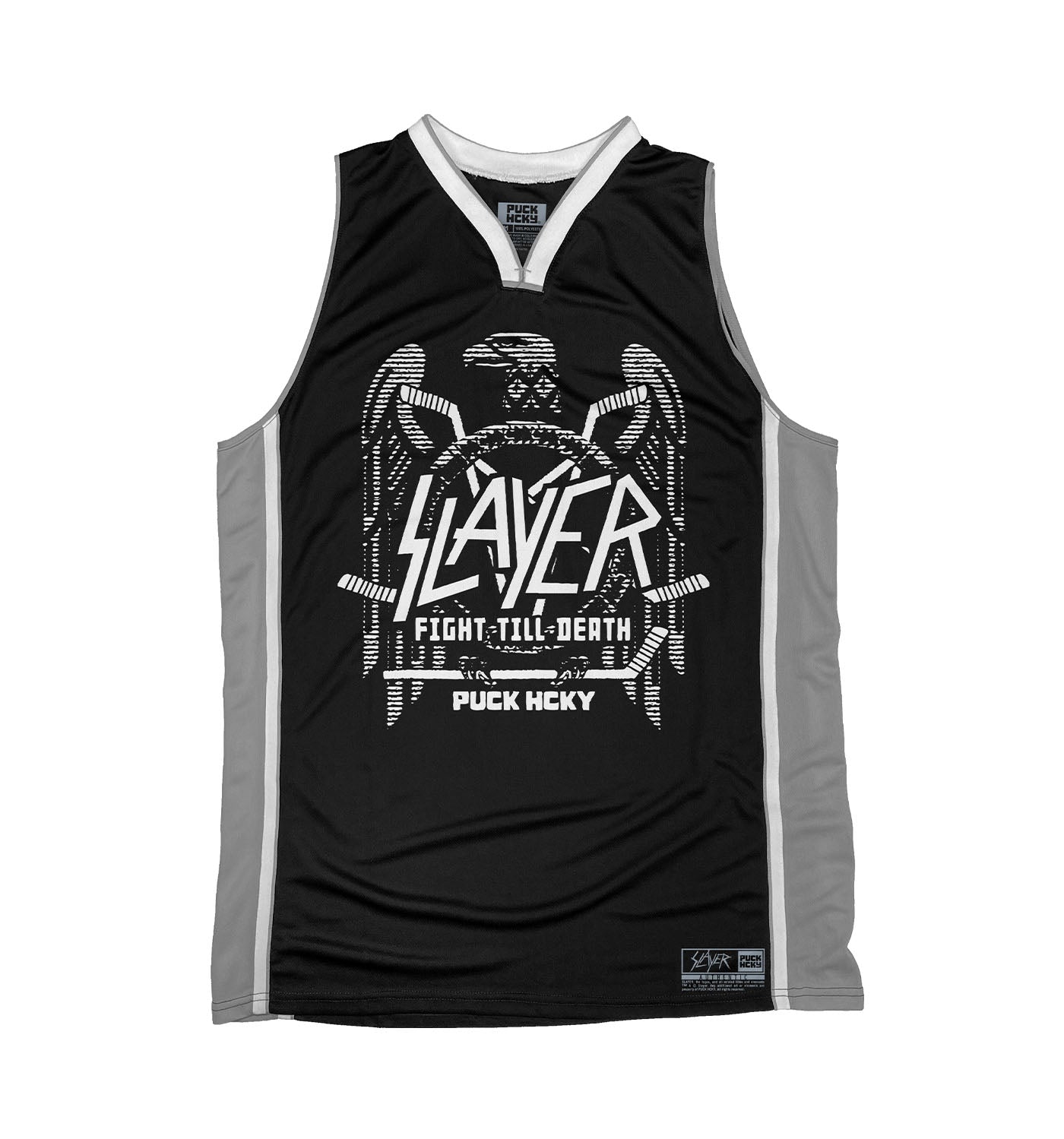 SLAYER 'FIGHT TO THE DEATH' sleeveless basketball jersey in black, grey, and white front view