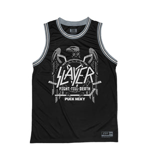 SLAYER 'FIGHT TILL DEATH' sleeveless basketball jersey in black, grey, and white front view