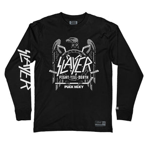 SLAYER 'FIGHT TO THE DEATH' long sleeve hockey t-shirt in black front view