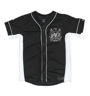 SLAYER 'FIGHT TILL DEATH' short sleeve baseball jersey in black and white front view