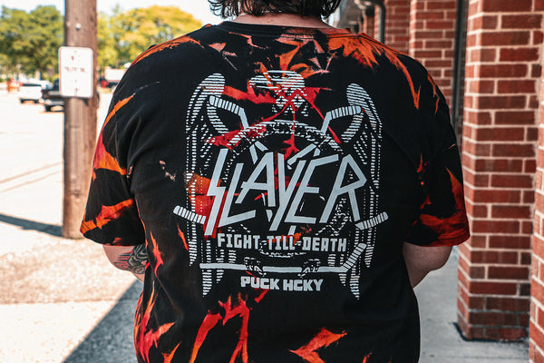 SLAYER 'FIGHT TILL DEATH' limited edition short sleeve tie-dye hockey t-shirt back view on model