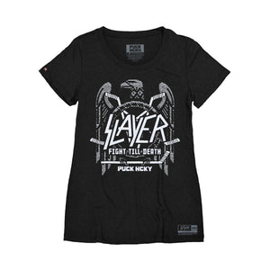 SLAYER 'FIGHT TO THE DEATH' women's short sleeve hockey t-shirt in black front view