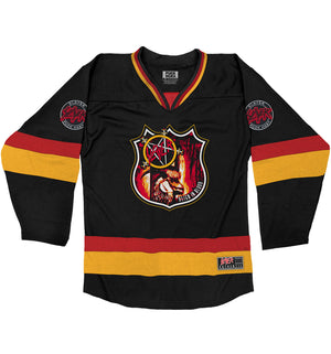 SLAYER 'REIGN IN BLOOD' hockey jersey in black, red, and gold front view