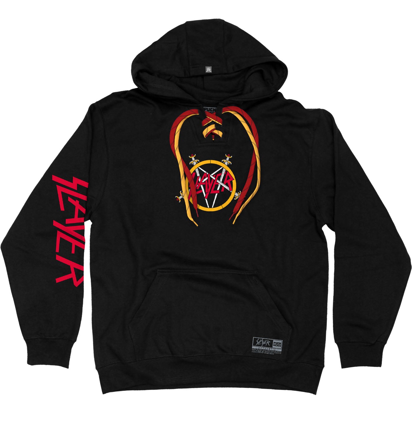 SLAYER 'REIGN IN BLOOD'&nbsp; laced pullover hockey hoodie in black with red and gold striped laces front view