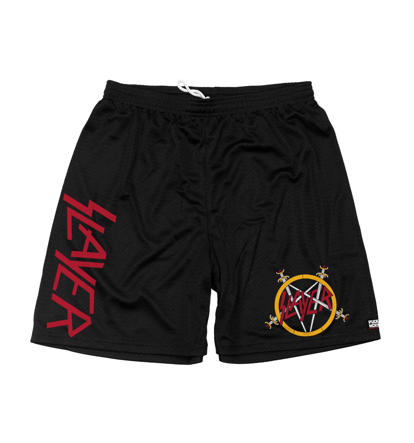 SLAYER 'REIGN IN BLOOD' mesh hockey shorts in black front view