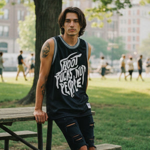 PUCK HCKY 'SHOOT PUCKS NOT PEOPLE - DRIPPY SCRIPT' sleeveless basketball jersey in black, grey, and white on model
