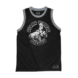 Stone Temple Pilots 'Buggy' sleeveless basketball jersey in black, grey, and white front view