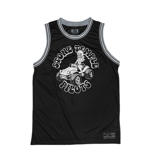 Stone Temple Pilots 'Buggy' sleeveless basketball jersey in black, grey, and white front view