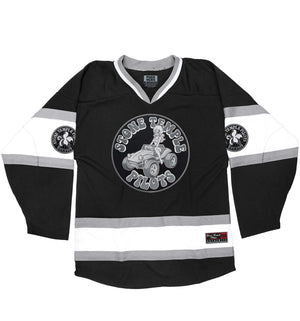 Stone Temple Pilots 'Buggy' hockey jersey in black, white, and grey front view