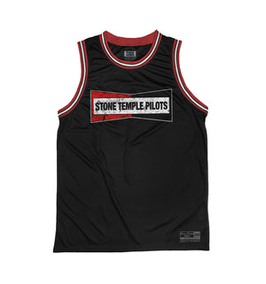 Stone Temple Pilots 'Champion' sleeveless basketball jersey in black, red, and white front view