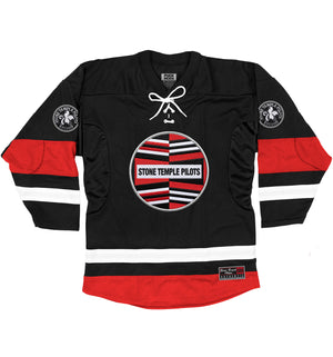 Stone Temple Pilots 'Champion' deluxe hockey jersey in black, white, and red front view