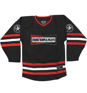 Stone Temple Pilots 'Champion' hockey jersey in black, red, and white front view