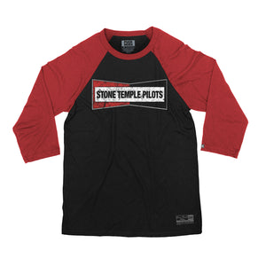 Stone Temple Pilots ‘Champion’ hockey raglan t-shirt in black with red sleeves front view