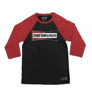 Stone Temple Pilots ‘Champion’ hockey raglan t-shirt in black with red sleeves front view