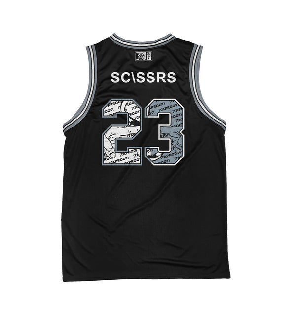 TAPROOT 'SC\SSRS' sleeveless basketball jersey in black, grey, and white back view