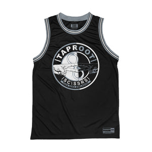 TAPROOT 'SC\SSRS' sleeveless basketball jersey in black, grey, and white front view