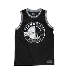 TAPROOT 'SC\SSRS' sleeveless basketball jersey in black, grey, and white front view