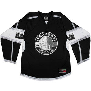 TAPROOT 'SCSSRS' deluxe hockey jersey in black, white, and grey front view