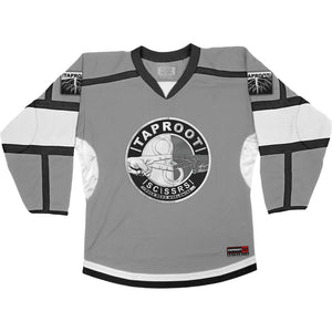 TAPROOT 'SCSSRS' deluxe hockey jersey in grey, black, and white front view