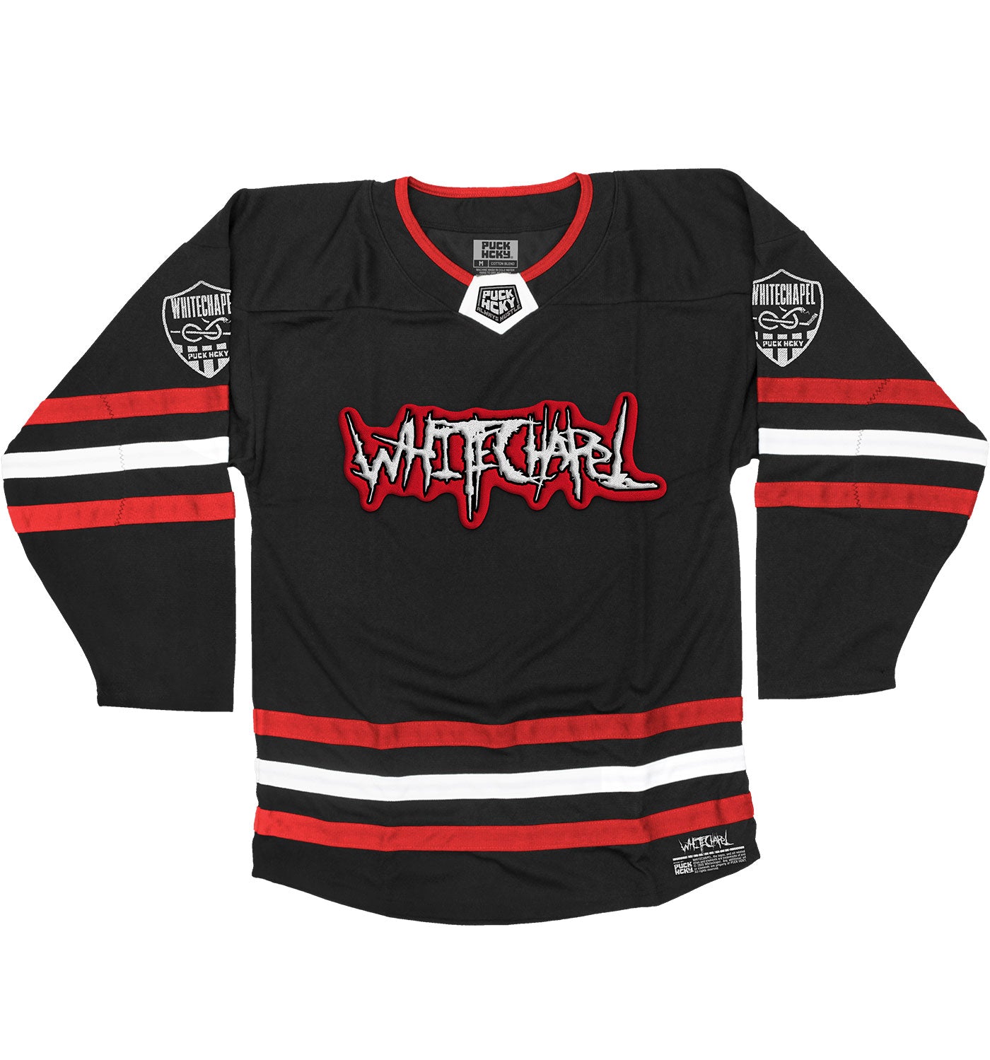 WHITECHAPEL 'REPROGRAMMED TO SKATE' deluxe hockey jersey in black, red, and white front view