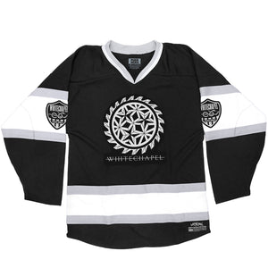 WHITECHAPEL 'MARK OF THE SKATE BLADE' hockey jersey in black, white, and grey front