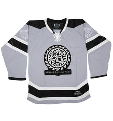 WHITECHAPEL 'MARK OF THE SKATE BLADE' hockey jersey in grey, black, and white front view