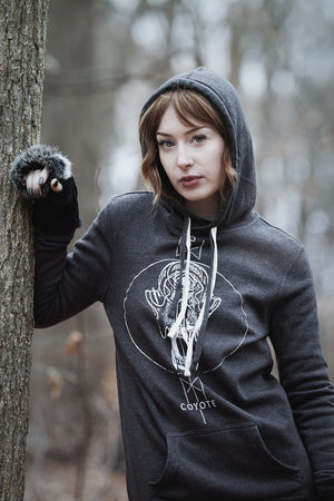 TOTEM 'Coyote' women's pullover hooded sweatshirt dress in grey on model