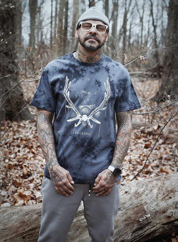 TOTEM 'Erlking' short sleeve t-shirt in black tie-dye on model