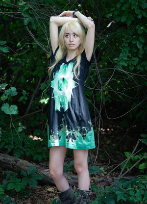 TOTEM 'Freya' short sleeve, hand tie-dyed, distressed tee dress front view on model