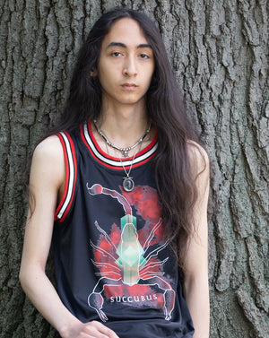TOTEM 'Succubus' sleeveless basketball jersey in black, red, and white on model