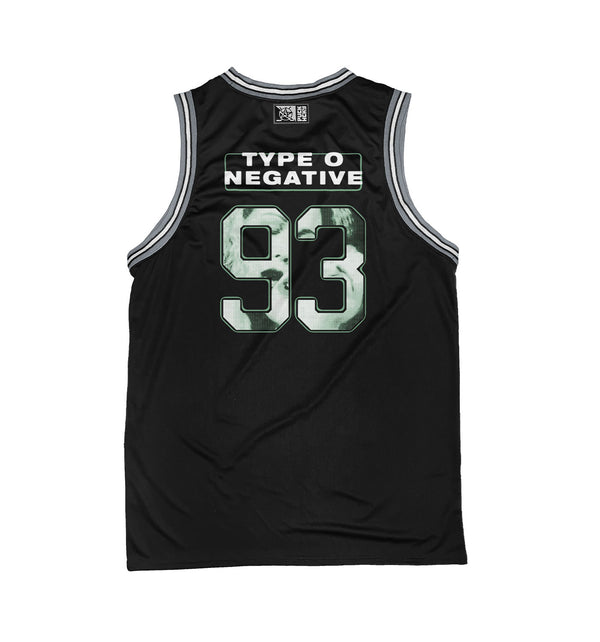 TYPE O NEGATIVE 'BLOODY KISSES' sleeveless basketball jersey in black, grey, and white back view